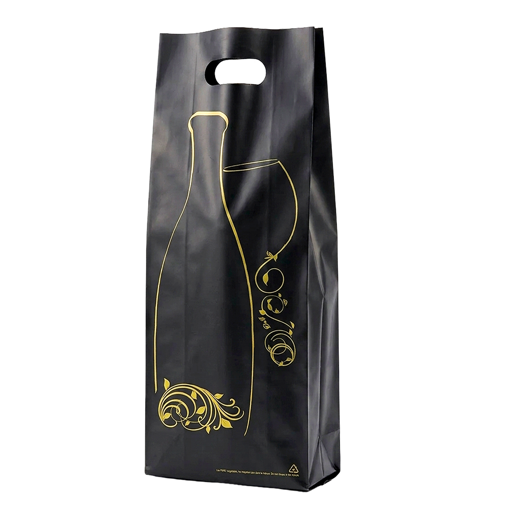 SAC PLASTIQUE 2 BOUTEILLES NOIR/OR