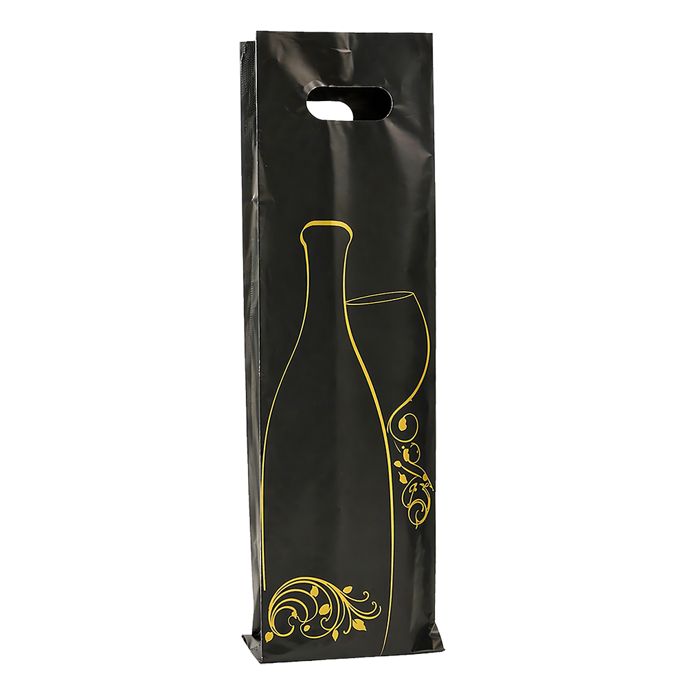 SAC PLASTIQUE 1 BOUTEILLE NOIR/OR