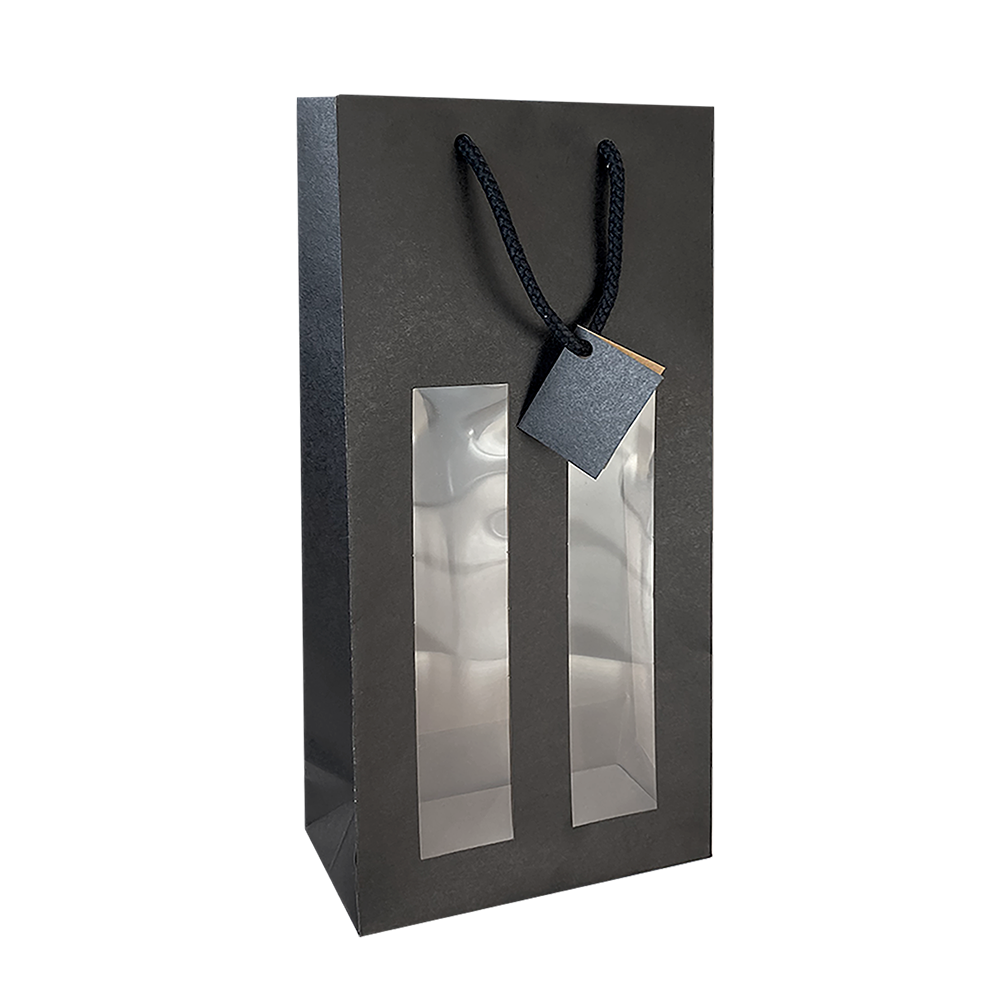 SAC 2 BOUTEILLES  KRAFT NOIR AVEC FENÊTRES